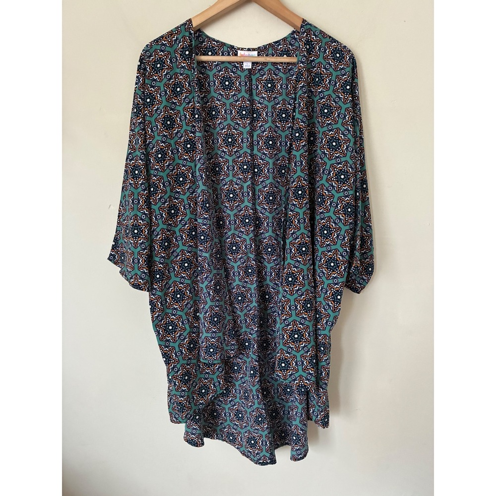 LuLaRoe Lindsay Kimono Cardigan Large Teal Orange Geometric Star Open Front Boho